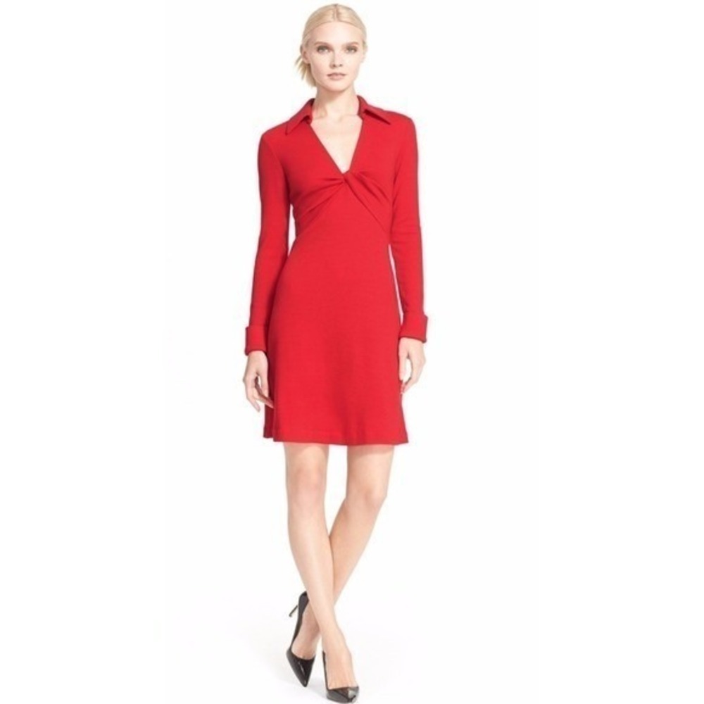 Diane von Furstenberg Dress Womens 10 Red Excellent Twist Front V-Neck Collared